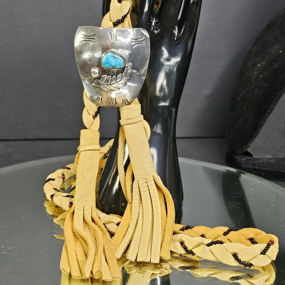 Navajo Turquoise Sterling Silver Bolo Tie With Beaded Leather Native American US - Picture 15 of 15